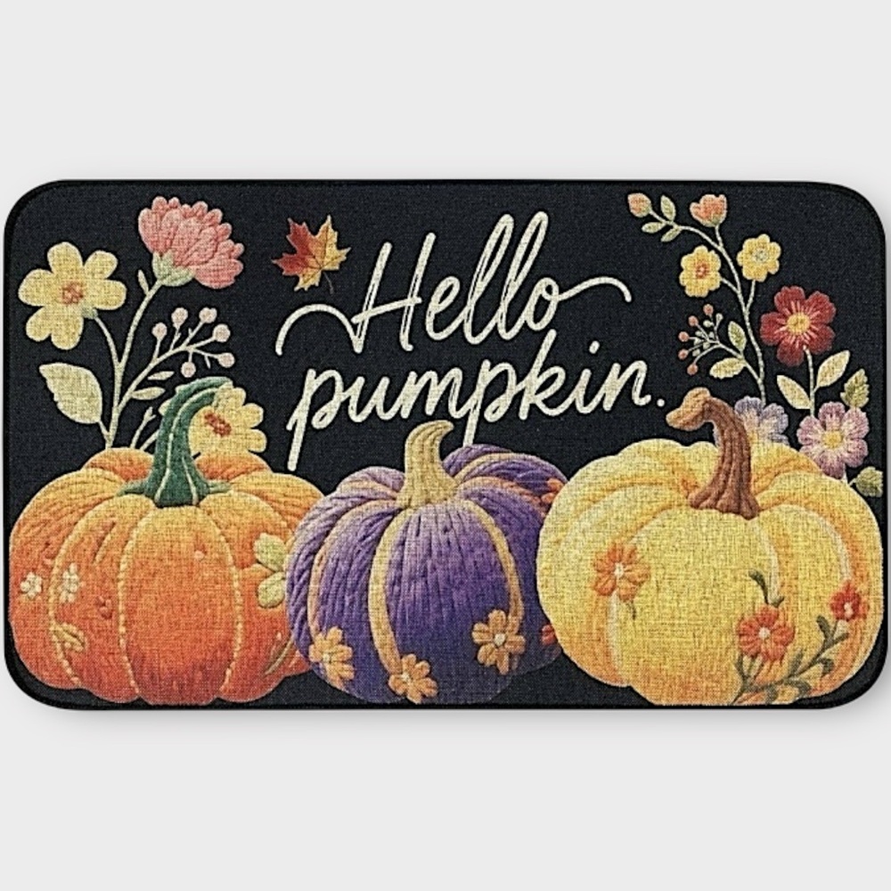 Hello Pumpkin Fall Doormat Halloween Thanksgiving‎ Decor Colorful Flowers